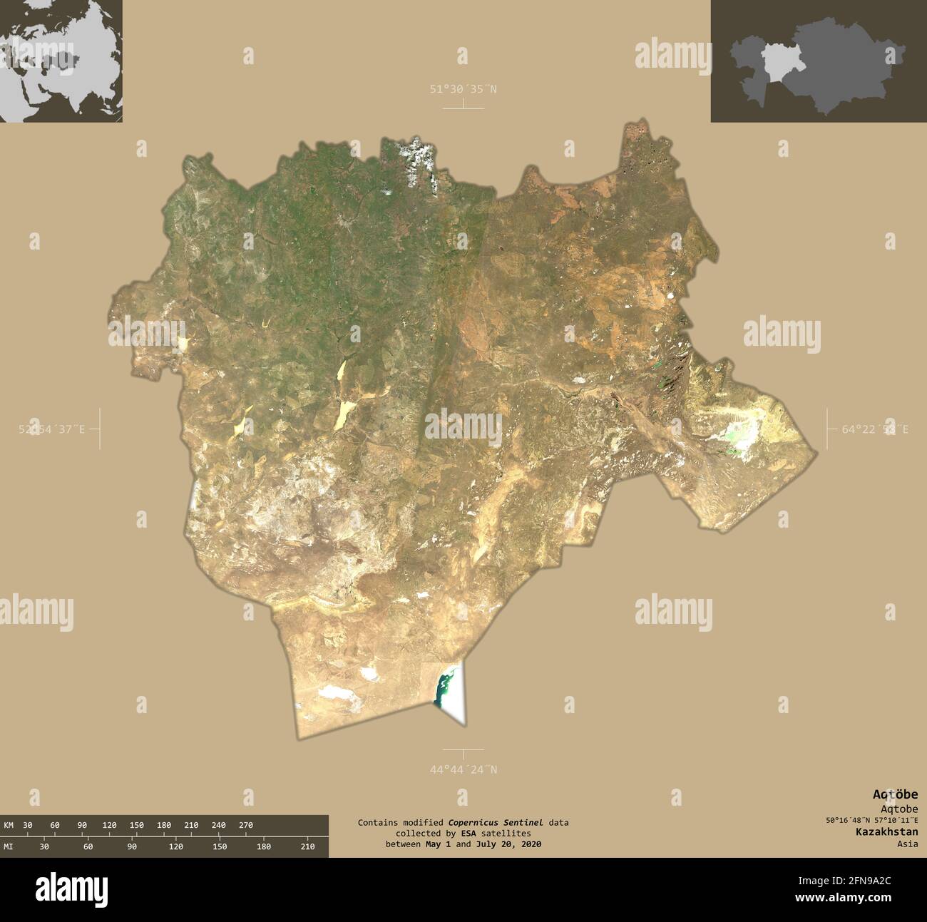 Aqtobe, Region von Kasachstan. Sentinel-2-Satellitenbilder. Form isoliert auf durchgehenden Hintergrund mit informativen Überlagerungen. Enthält modifizierten Copernicus Stockfoto