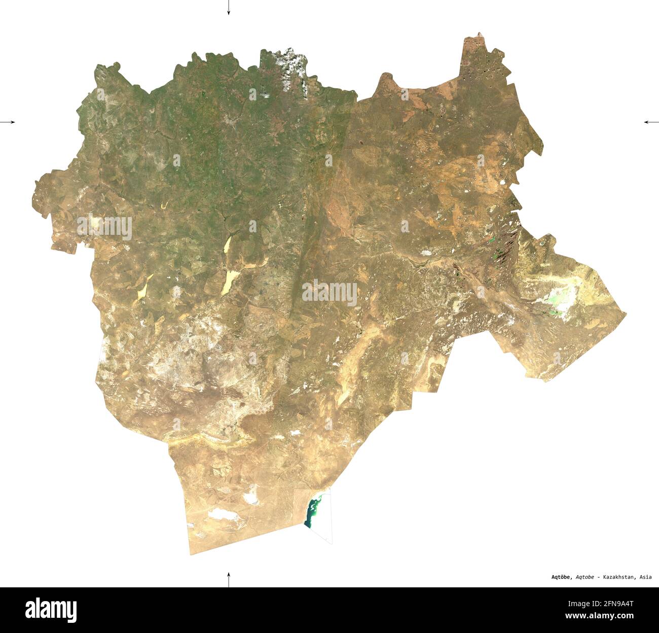 Aqtobe, Region von Kasachstan. Sentinel-2-Satellitenbilder. Form isoliert auf Weiß. Beschreibung, Lage der Hauptstadt. Enthält modifiziertes Copernicu Stockfoto