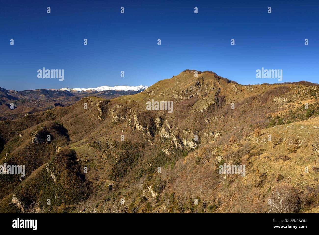 Blick auf den Comanegra-Gipfel vom Pfad zwischen Puig de les Bruixes und Basses de Monars (Garrotxa, Katalonien, Spanien, Pyrenäen) Stockfoto