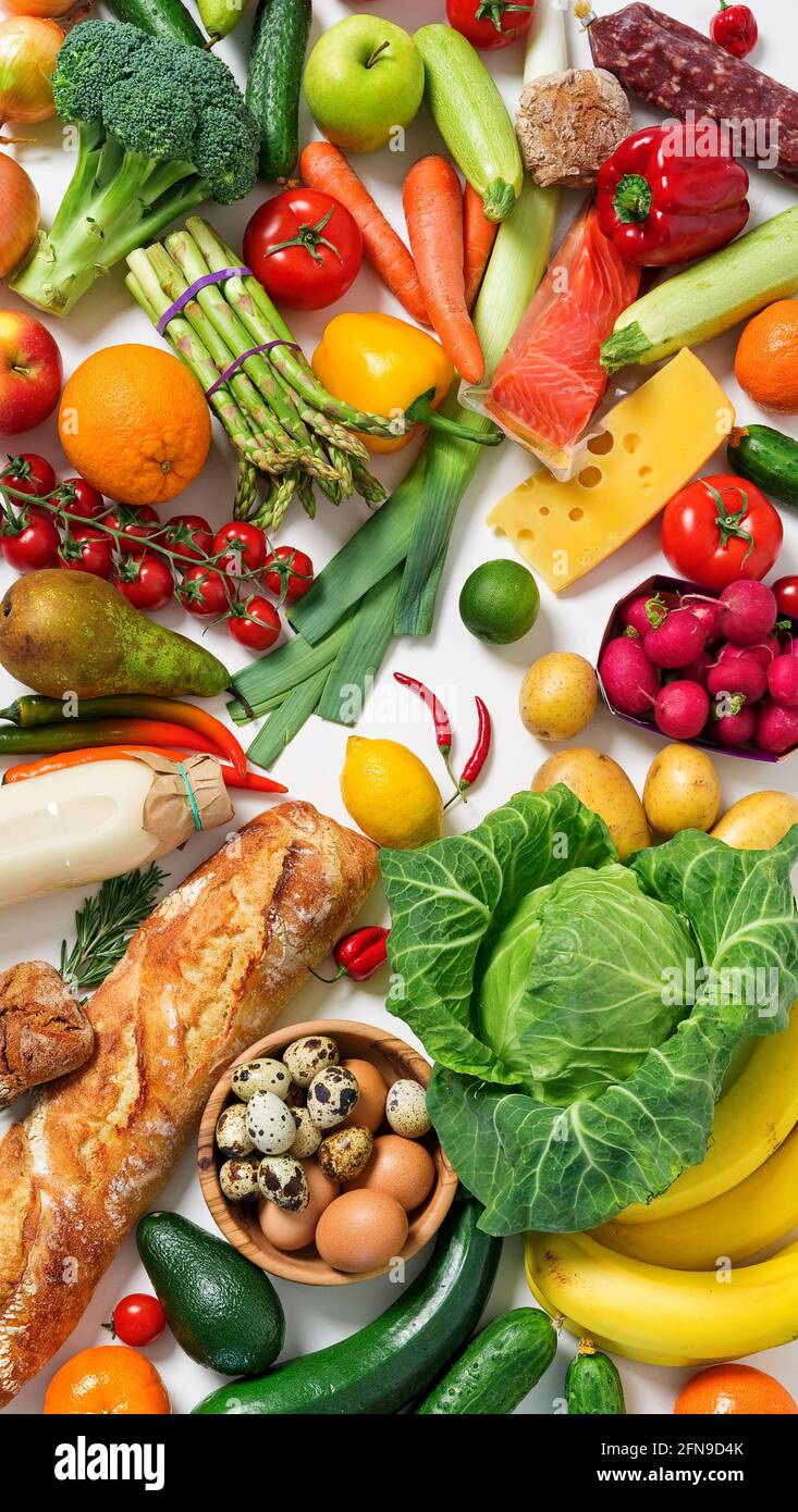 Hintergrund für gesunde Lebensmittel. Verschiedene Obst- und Gemüsesorten. Draufsicht. Stockfoto
