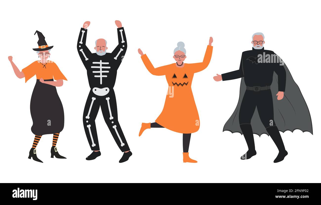Halloween-Party. Ältere Menschen in Halloween-Kostümen tanzen und haben Spaß. Vektorgrafik Stock Vektor