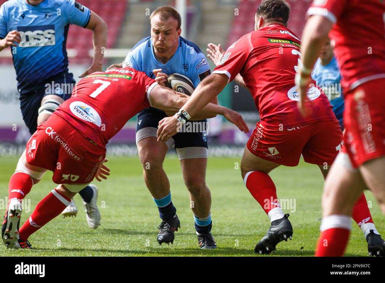 Llanelli, Großbritannien. 15. Mai 2021. Cardiff Blues Hooker Kristian Dacey während des Scarlets gegen Cardiff Blues PRO14 Rainbow Cup Rugby Match. Kredit: Gruffydd Thomas/Alamy Live Nachrichten Stockfoto