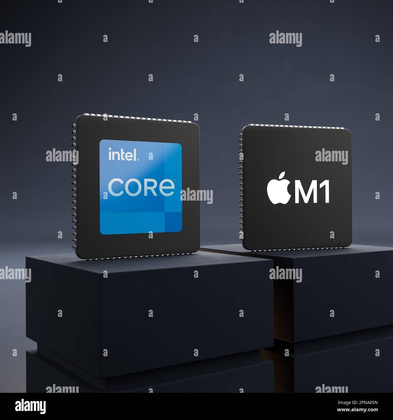 Intel Core und Apple M1 CPUs stehen auf zwei Sockeln. Mockup-CPUs als 3d-Rendering. Stockfoto