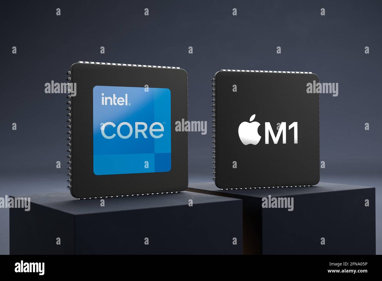 Intel Core und Apple M1 CPUs stehen auf zwei Sockeln. Mockup-CPUs als 3d-Rendering. Stockfoto