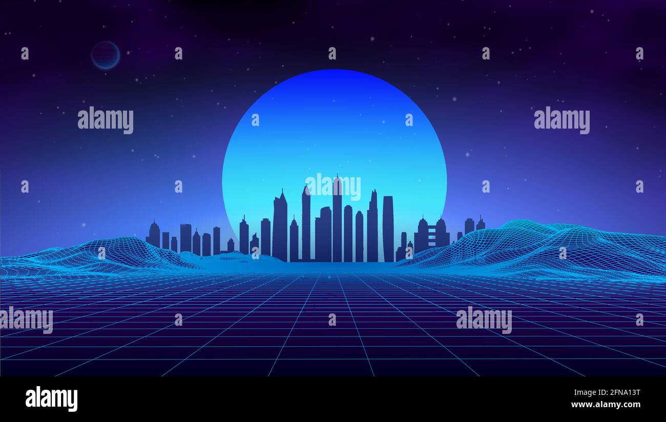Retro Landschaft blauer Hintergrund. 3d-Vektorhintergrund. Futuristische Technologie Berglandschaft. Digitale Stadt Neon 80er Jahre Technologie Musik Hintergrund Stock Vektor