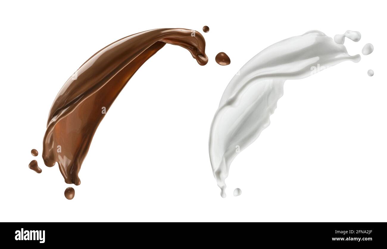 Schokolade und Milchspritzer isoliert auf weißem Hintergrund Stockfoto