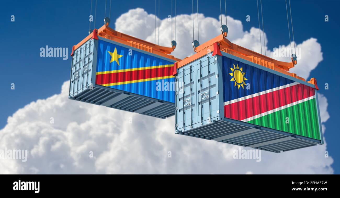 Zwei Frachtcontainer mit der Flagge der Demokratischen Republik Kongo und Namibias. 3D-Rendering Stockfoto