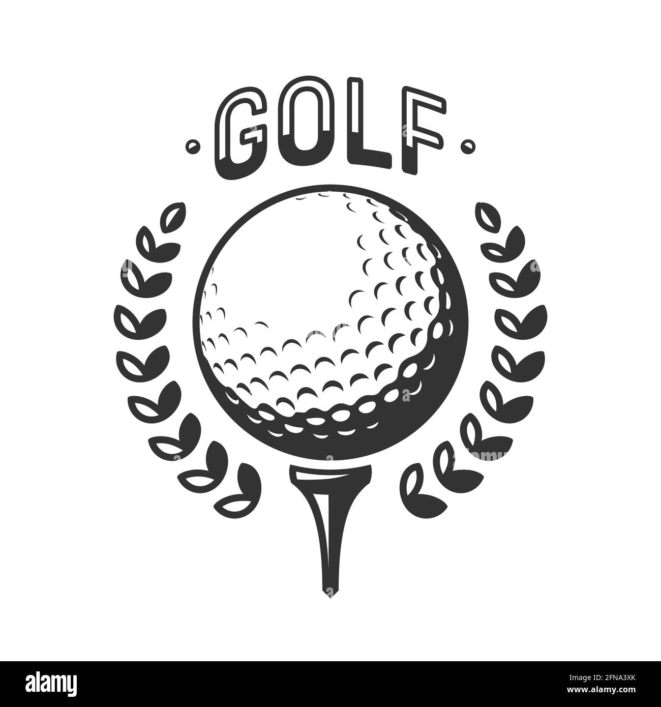 Golf-Vektor-Logo. Golfball auf T-Shirt mit Kranz. Vektorgrafik, isoliert auf weißem Hintergrund Stock Vektor