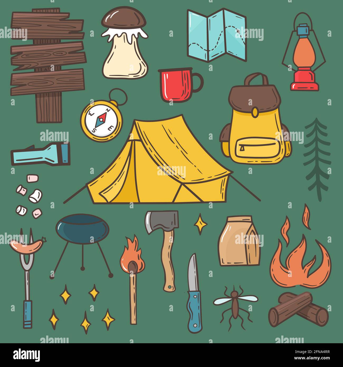 Camping- und Wanderset. Vektor-Illustration, Cartoon-Elemente in Hand gezeichnet einfachen Stil Stock Vektor