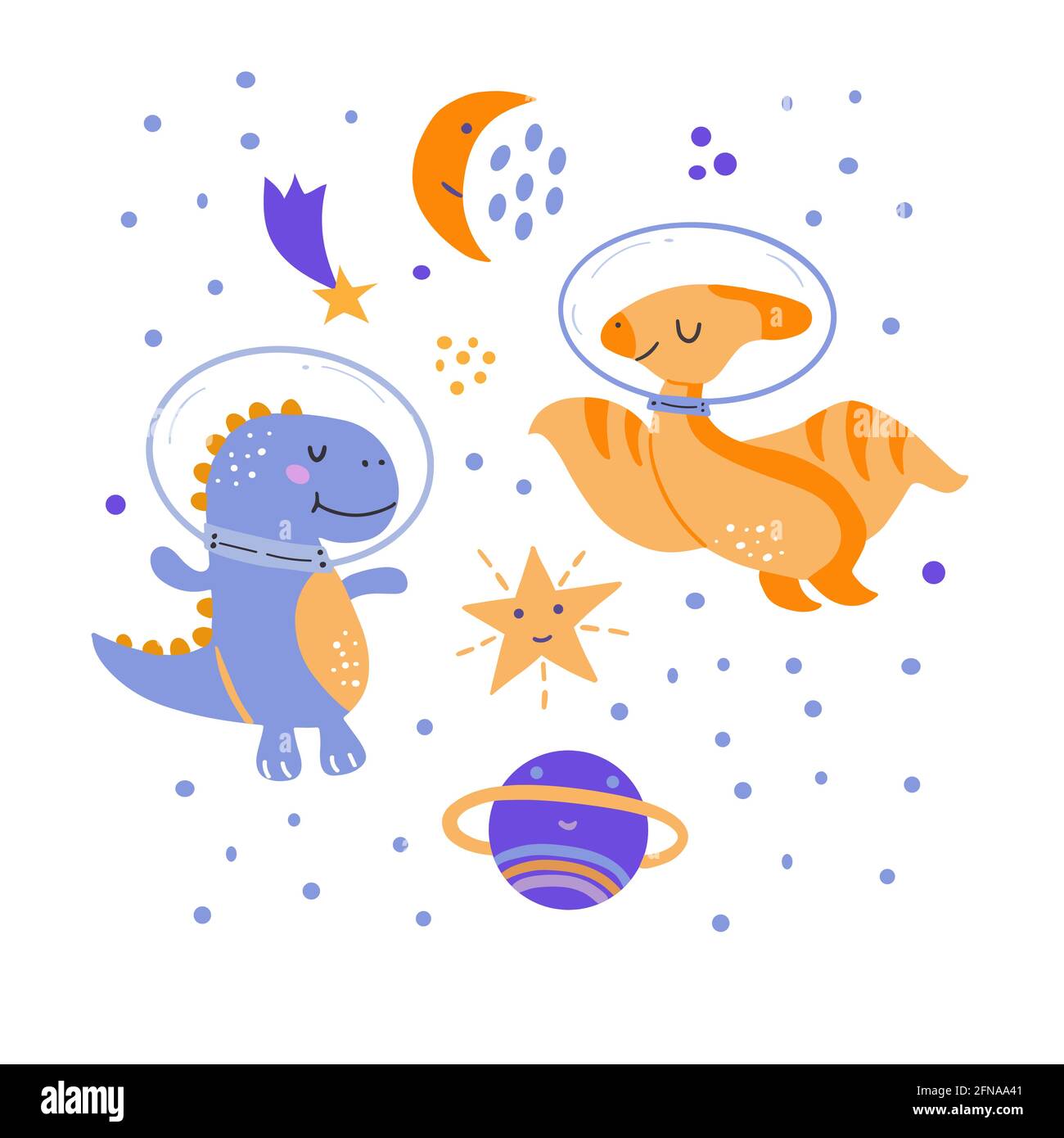 Bild von niedlichen Cartoon-Dinosaurier im Kosmos, Vektorgrafiken, auf einem weißen Hintergrund. Für die Gestaltung von Postkarten, Postern, Drucken für T-Shirts, Tassen Stock Vektor