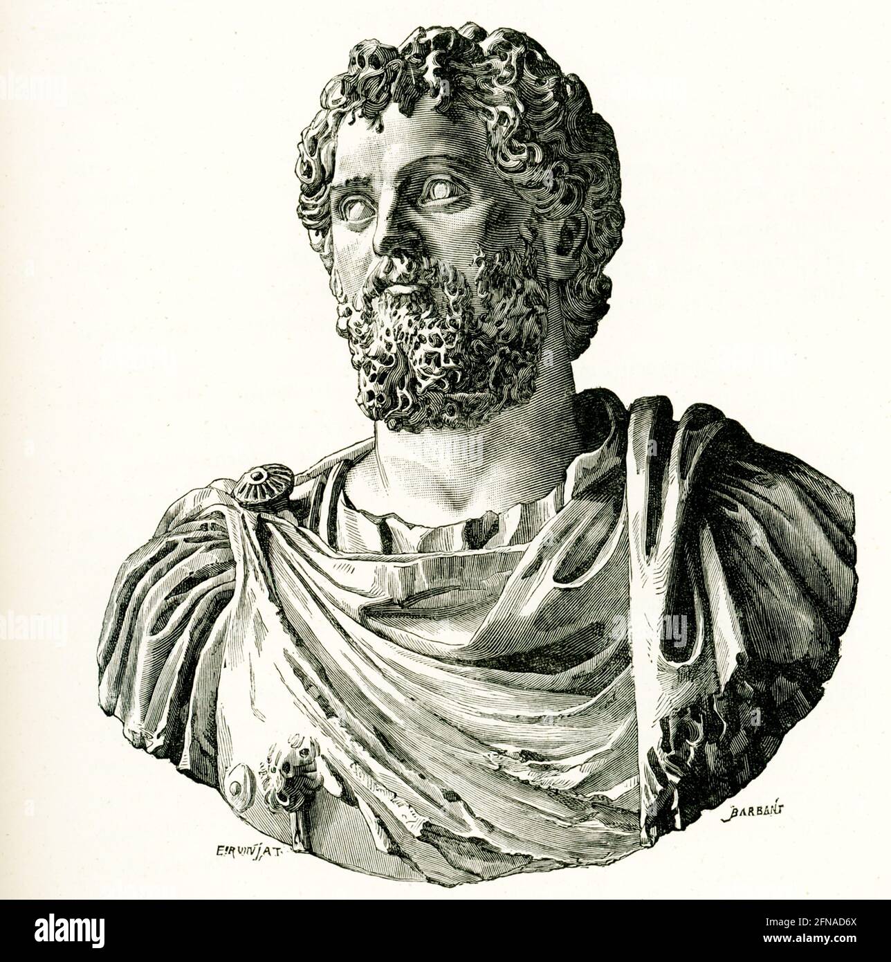 Diese Abbildung zeigt die Büste von Septimius Severus, die sich im Louvre in Paris befindet. Lucius Septimius Severus war ein römischer Kaiser von 193 bis 211. Er wurde in Leptis Magna in der römischen Provinz Afrika geboren. Als junger Mann avancierte er durch die übliche Abfolge von Ämtern unter der Herrschaft von Marcus Aurelius und Commodus. Stockfoto