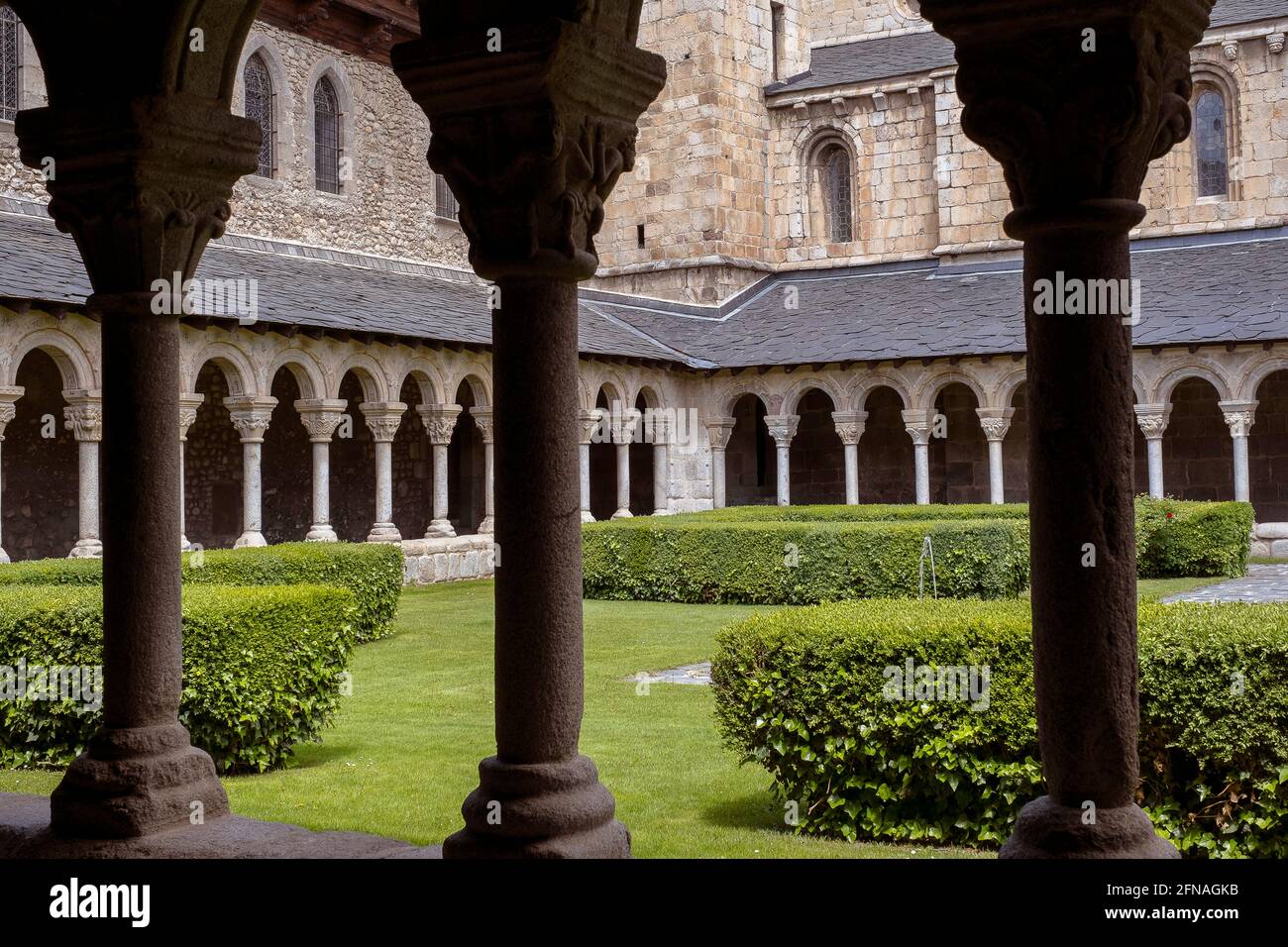 Coister von Sant Miquel, Klöster der romanischen Kathedrale von Santa Maria, La Seu d'Urgell, Lleida, Katalonien, Spanien Stockfoto