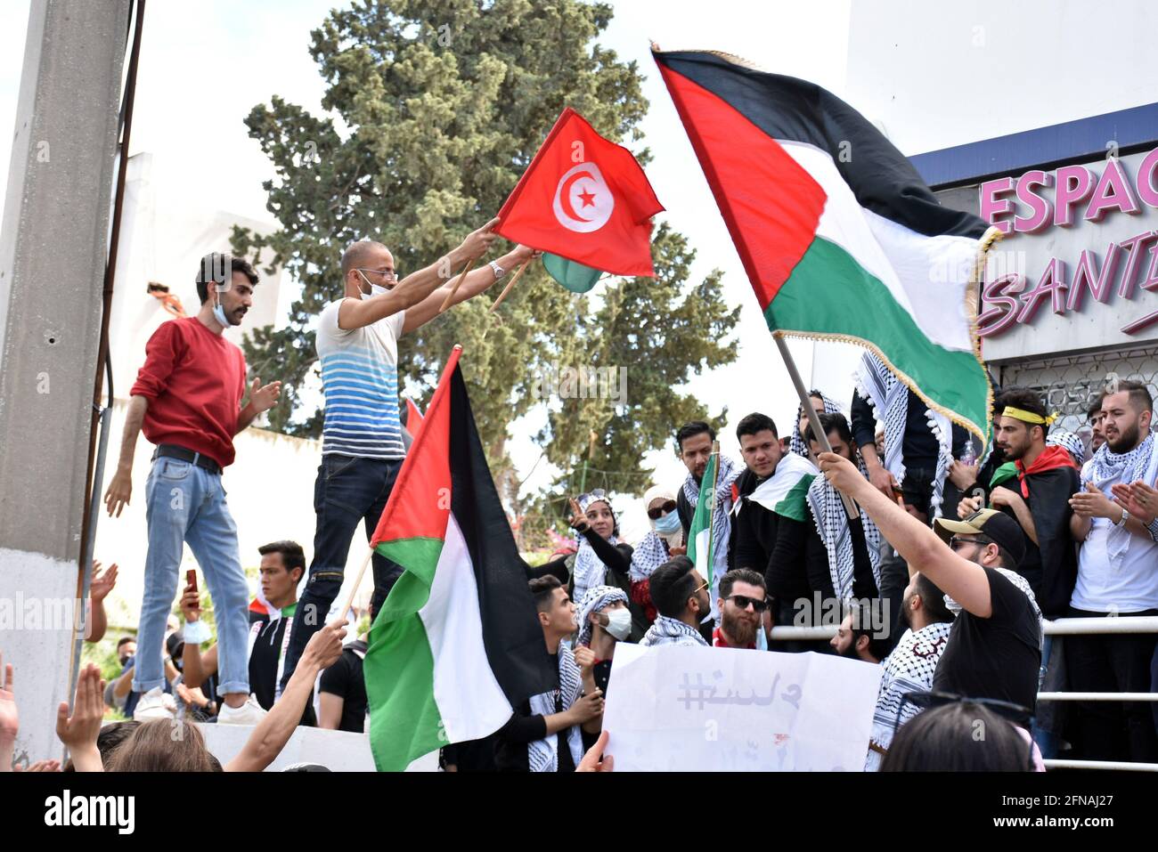 Tunis, Tunesien. Mai 2021. Demonstranten halten während der Demonstration Flaggen fest. Die Tunesier protestierten anlässlich des 73. Jahrestages der Nakba, der „Katastrophe“ der israelischen Gründung im Jahr 1948, und bekunden ihre Solidarität mit dem palästinensischen Volk. Kredit: SOPA Images Limited/Alamy Live Nachrichten Stockfoto