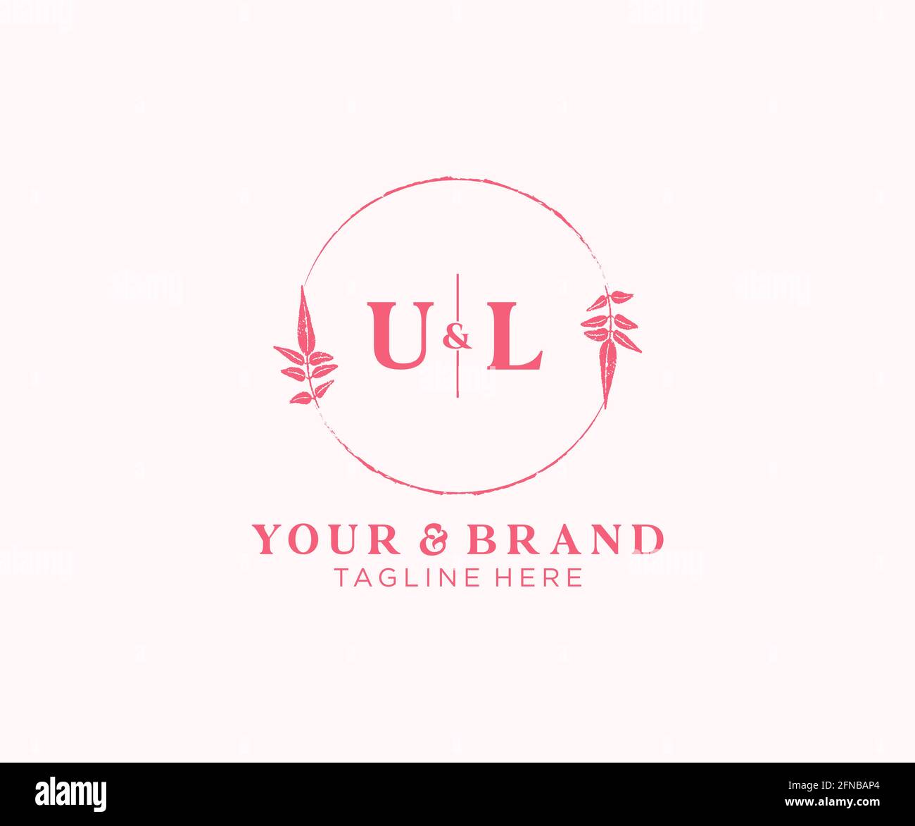 UL-Buchstaben mit Blumenrahmen. Botanical feminin editierbar vorgefertigte monoline einzigartige Dekoration für Grußkarte, Hochzeitseinladung. Stock Vektor