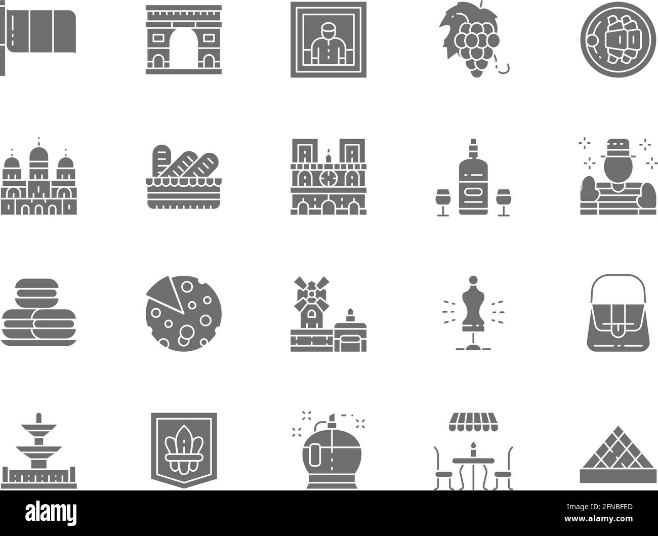 Set mit grauen französischen Kulturabsymbolen. Parfümerie, Alkohol, MIME, Macarons und mehr. Stock Vektor