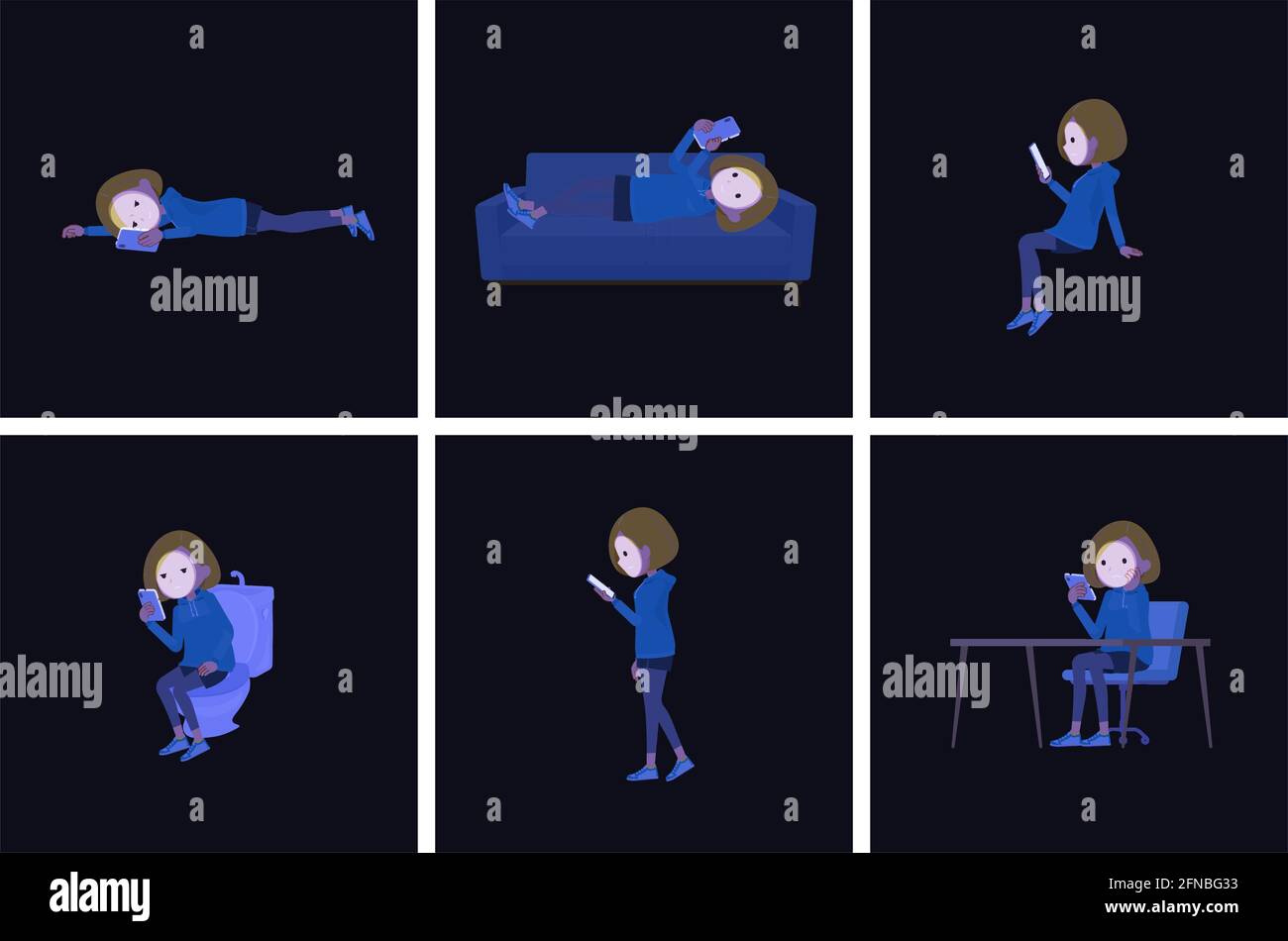 Eine Gruppe von Frauen in einem Hoodie, die Smartphones im Dunkeln verwenden.Vektorgrafiken sind so einfach zu bearbeiten. Stock Vektor