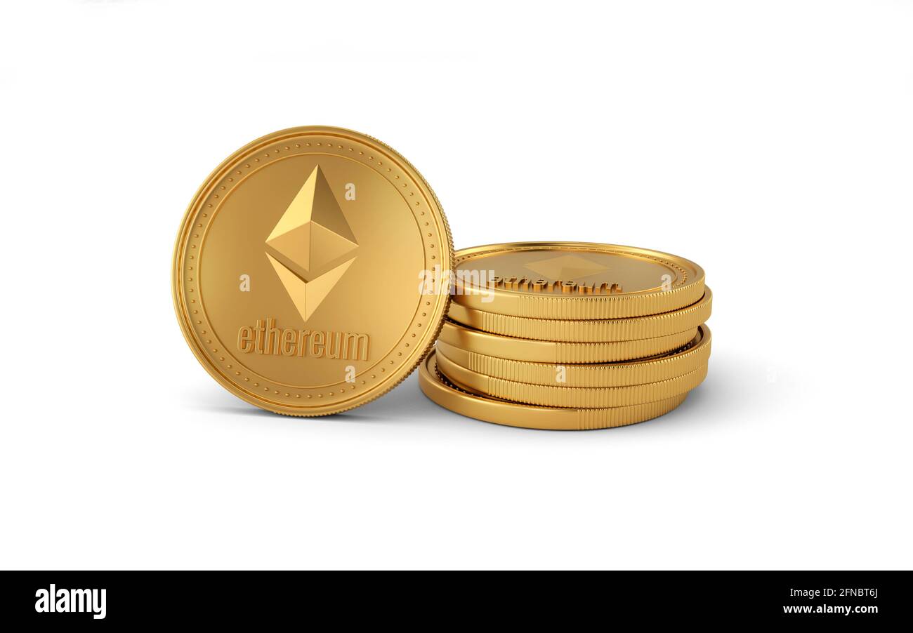 Stapel von goldenen Ethereum-Münzen isoliert auf weißem Hintergrund. Kryptowährungsgeschäft. Blockchain, digitaler Geldwechsel. Stockfoto