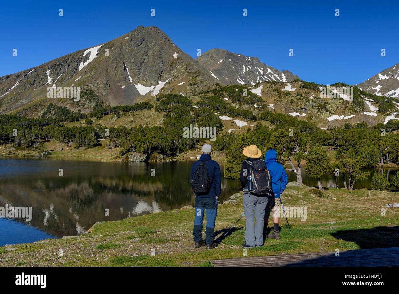 Sommermorgen in den Seen von Camporells, unterhalb der Berge Pic Peric und Petit Peric (Pyrénées Orientales, Oczitanie, Frankreich) Stockfoto