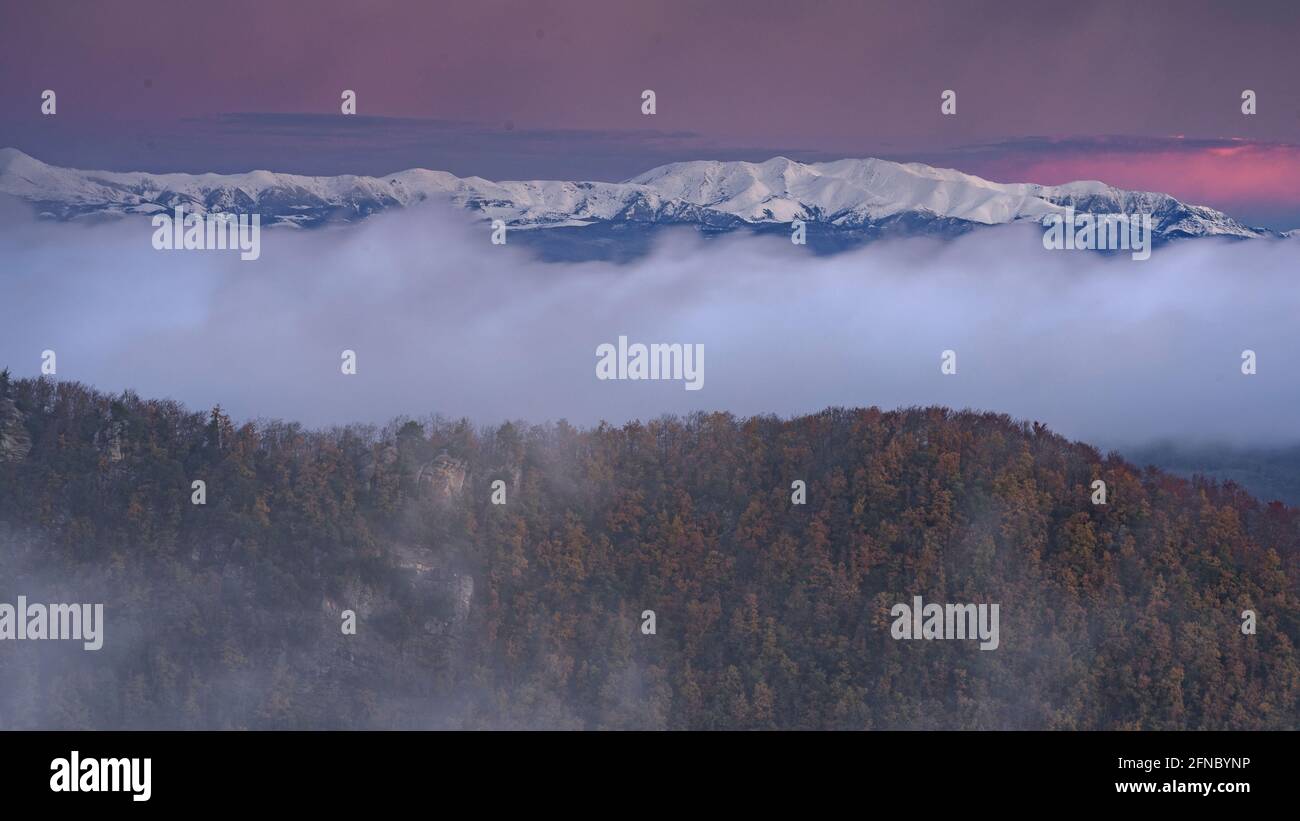 Sonnenaufgang unter den Schweinen in Pla Boixer, auf den Klippen von Tavertet, Collsacabra. Im Hintergrund die Pyrenäen und das Canigou-Massiv (Osona, Katalonien) Stockfoto