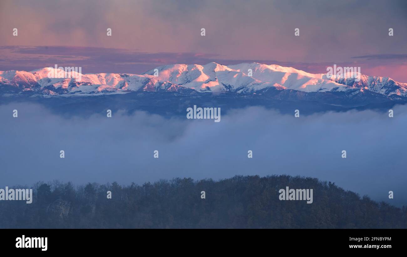 Sonnenaufgang unter den Schweinen in Pla Boixer, auf den Klippen von Tavertet, Collsacabra. Im Hintergrund die Pyrenäen und das Canigou-Massiv (Osona, Katalonien) Stockfoto