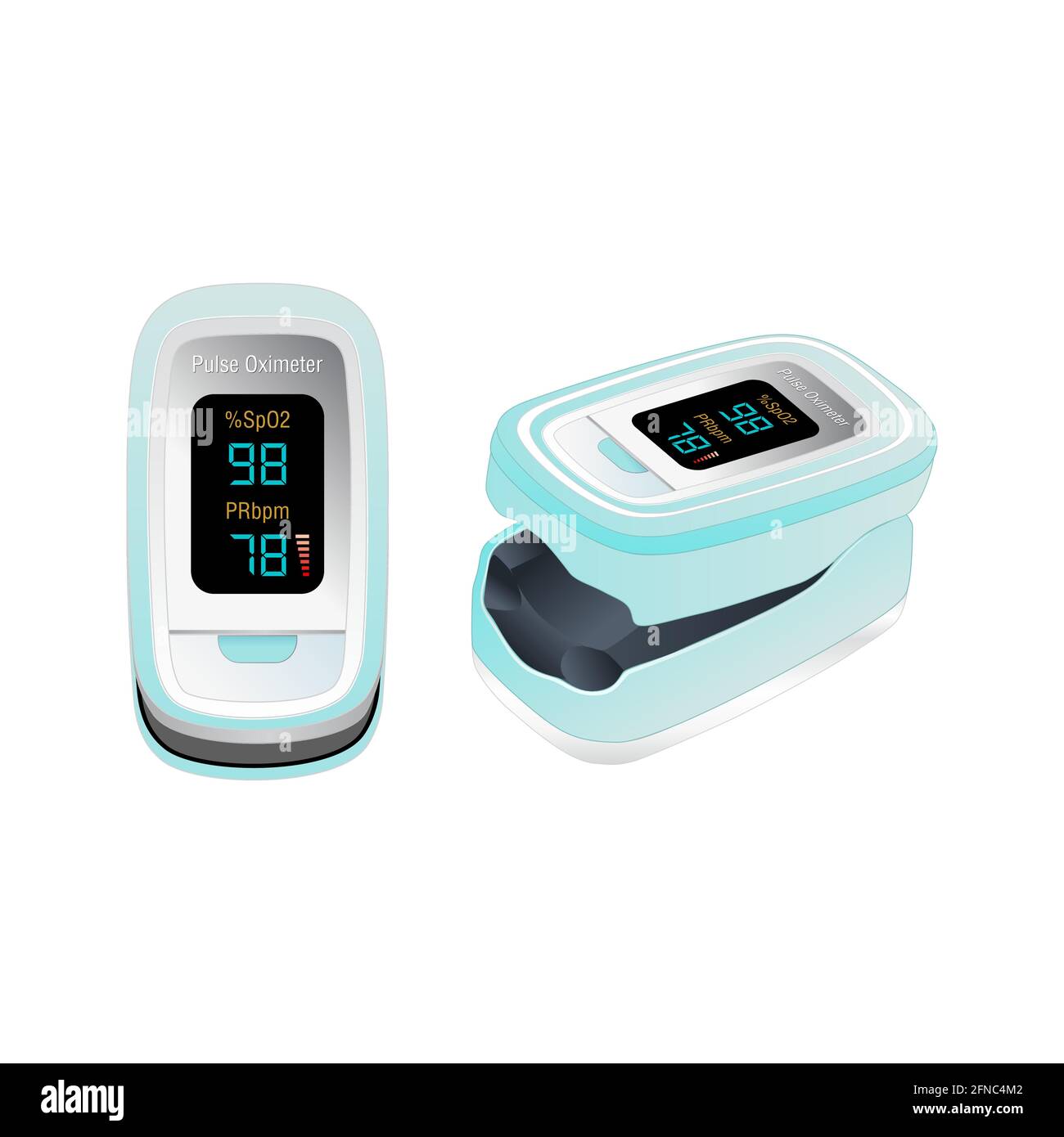 Pulsoximeter, Fingerspitze. Blutsauerstoffsättigungsmonitor mit Herzfrequenzerkennung, Symbol für medizinische Geräte, isoliert auf weißem Hintergrund. Gesundheit c Stock Vektor