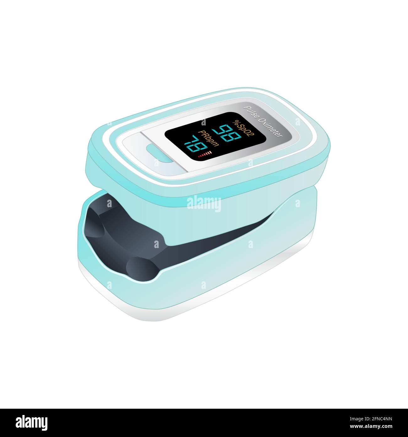 Isometrisches Pulsoximeter, Fingerspitze. Blutsauerstoffsättigungsmonitor mit Herzfrequenzerkennung, Symbol für medizinische Geräte, isoliert auf weißem Hintergrund Stock Vektor