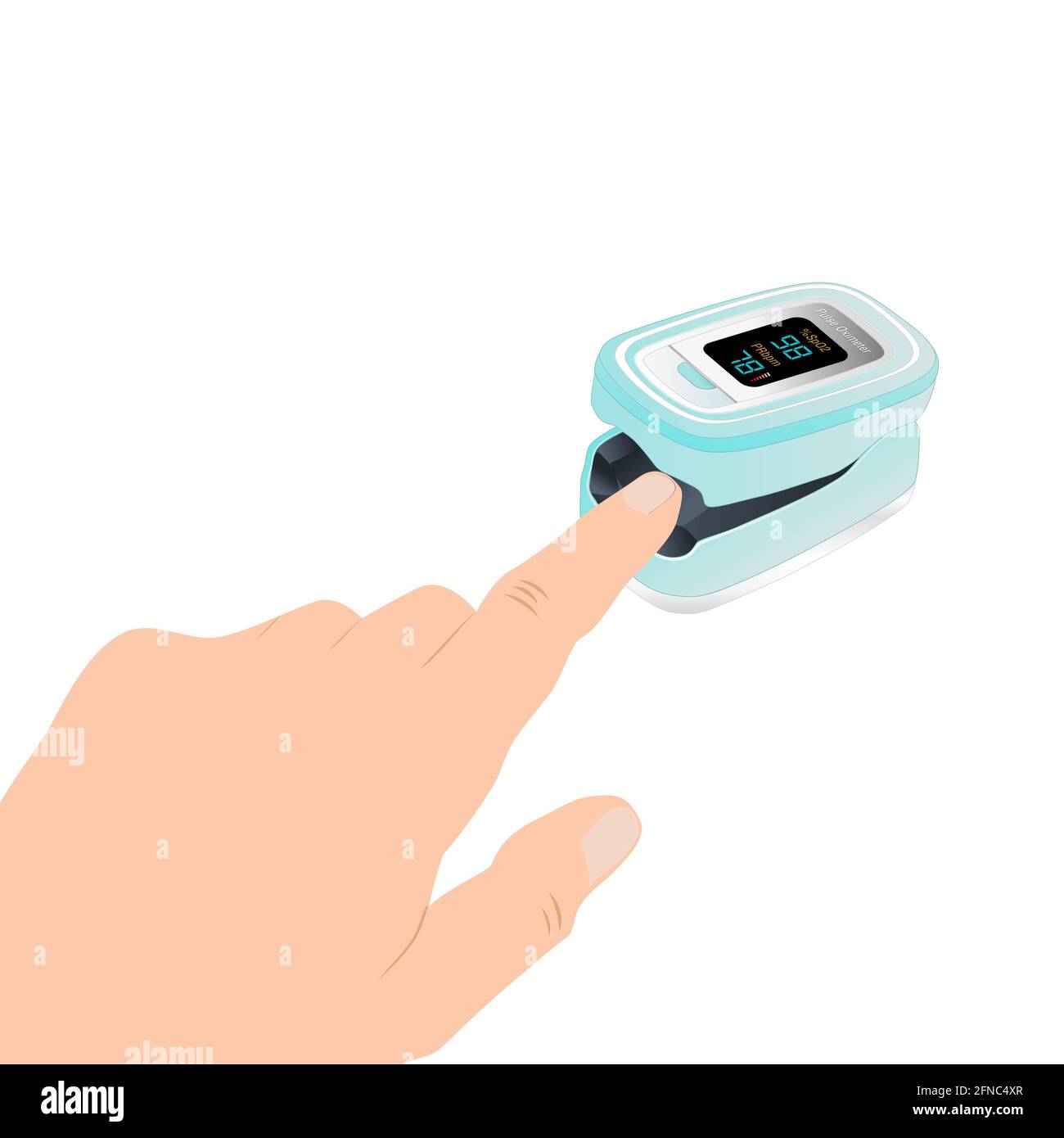 Pulsoximeter am Finger. Blutsauerstoffsättigungsmonitor mit Herzfrequenzerkennung, Symbol für medizinische Geräte, isoliert auf weißem Hintergrund. Gesundheit c Stock Vektor