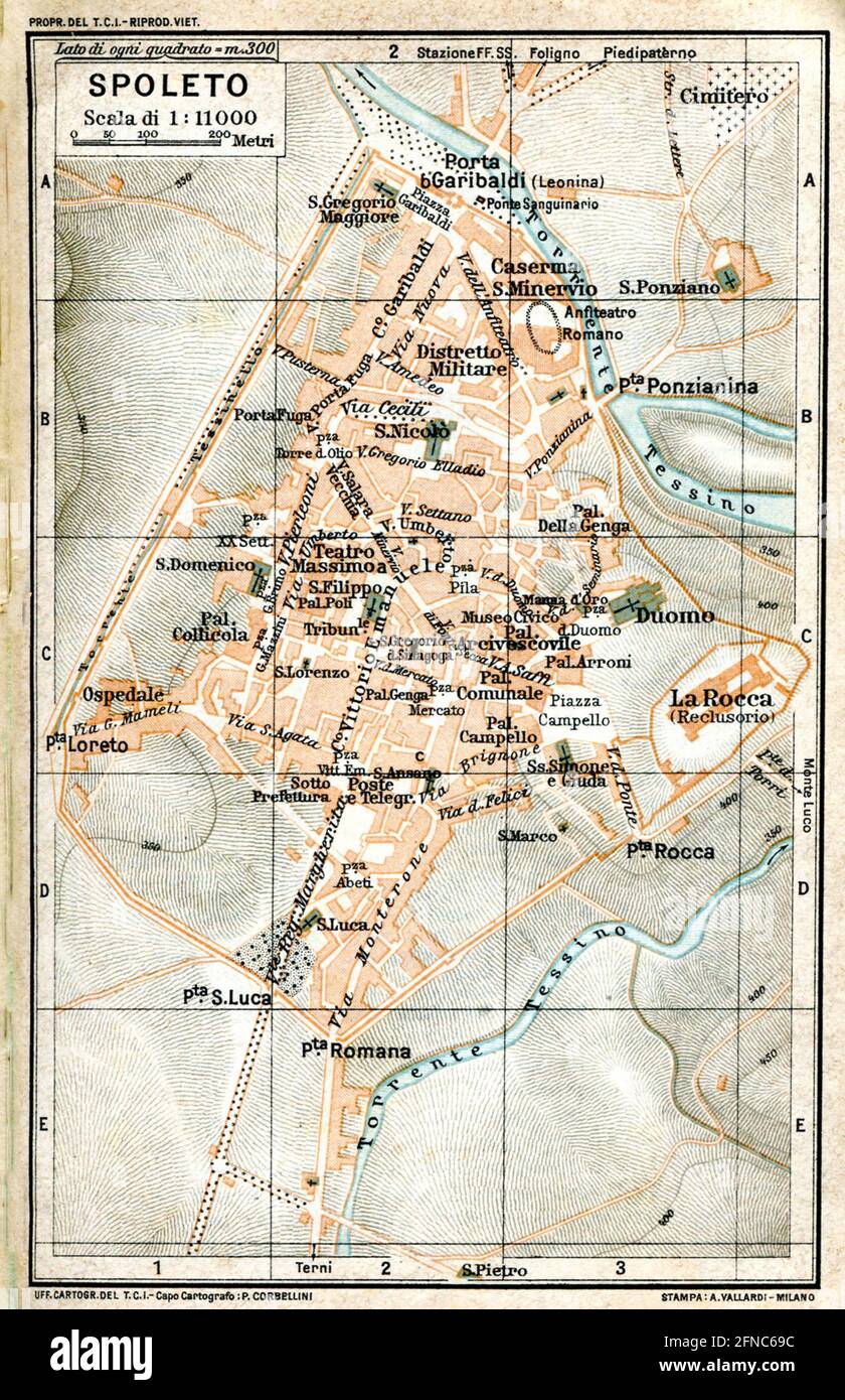 Alte Karte von Spoleto, Italien (Bild vom Guida Italia Centrale Touring Club Italiano, Ausgabe 1923) Stockfoto