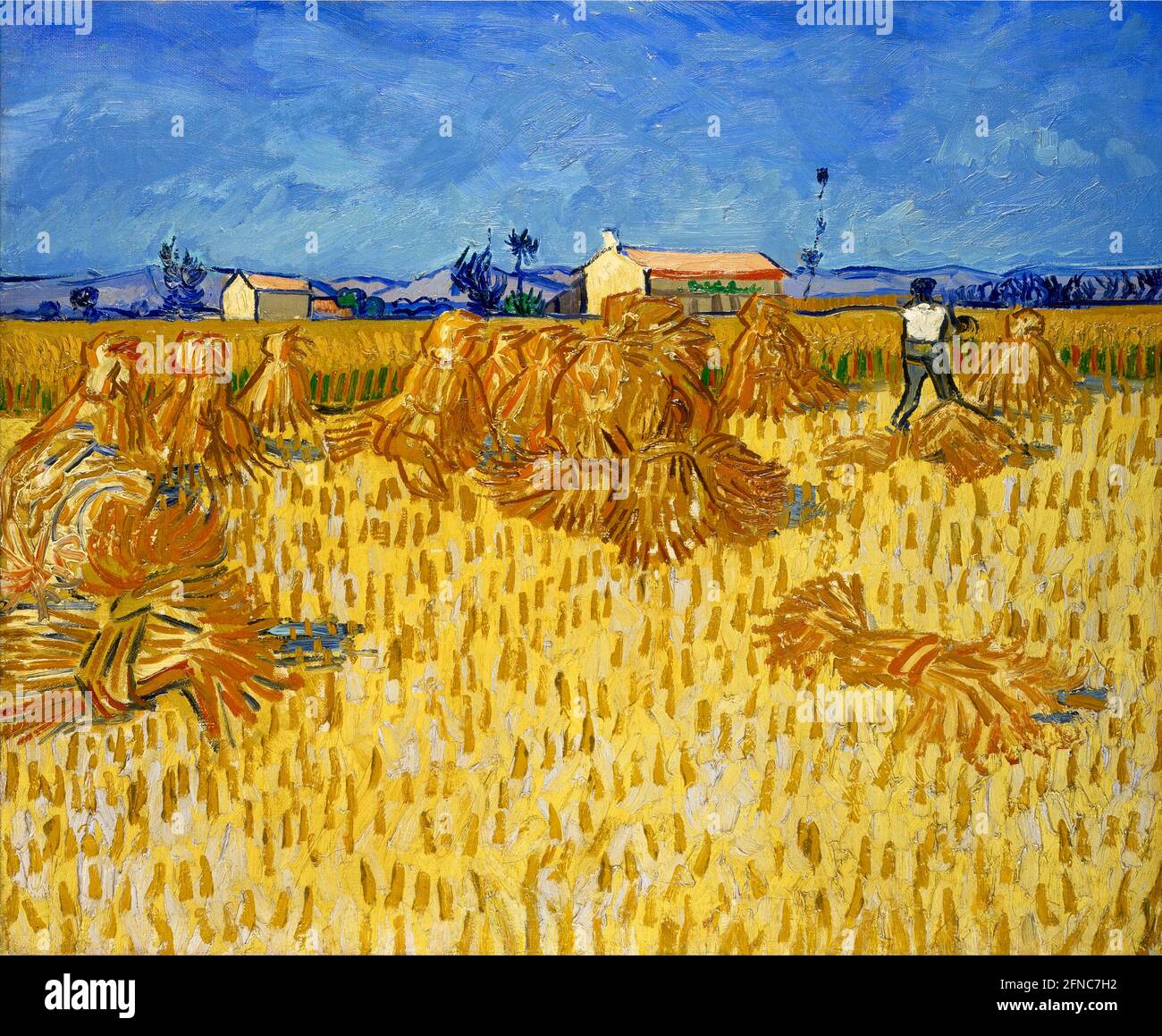 Vincent van Gogh Kunstwerk mit dem Titel Harvest in Provence. Ländliche Szene aus Südfrankreich mit einer lebendigen goldenen Maisernte vor einem reichen blauen Himmel. Stockfoto