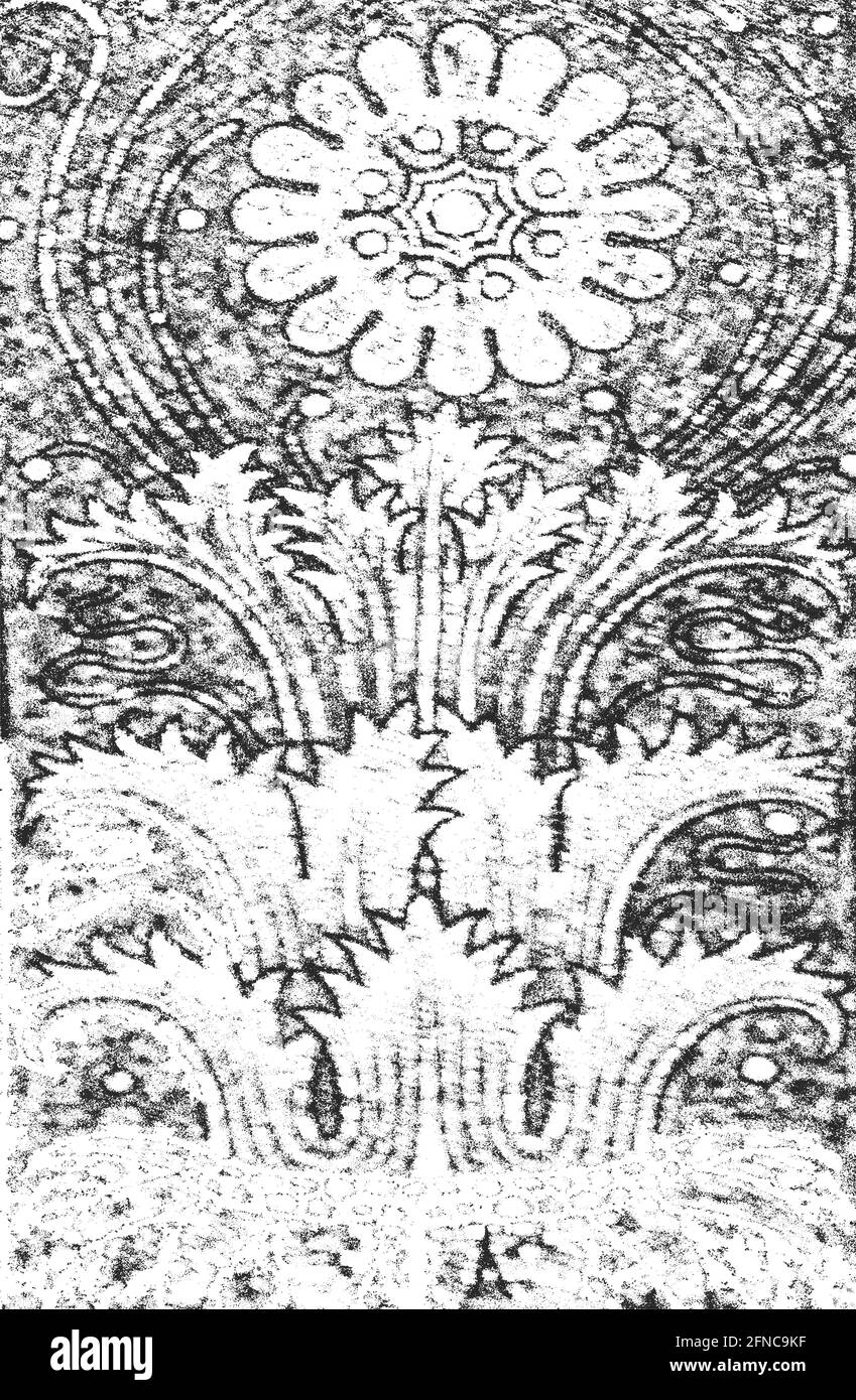 Verfremdete Overlay-Struktur aus Stoff. Textil mit östlichen floralen Ornament, Blätter und Blumen. Grunge Hintergrund. Abstrakt Halbton Vektor illustrati Stock Vektor