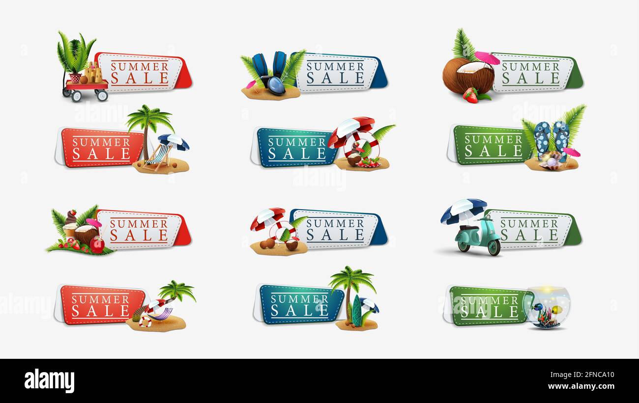 Sommerverkauf, große Kollektion klickbare Discount Banner mit Sommer-Icons isoliert auf weißem Hintergrund. Summer Sale Banner, Reihe von Rabatten abstrac Stockfoto