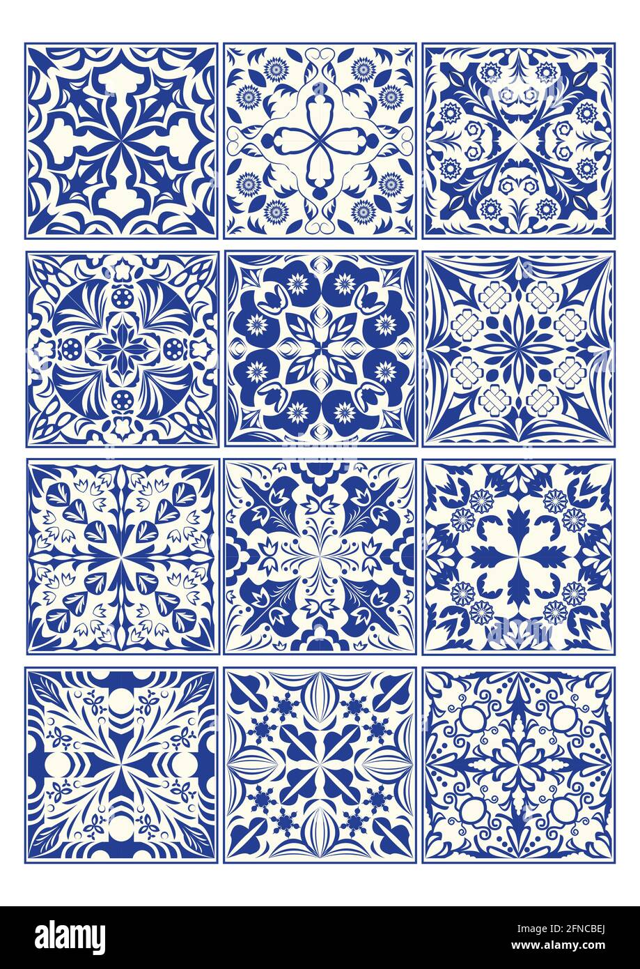 Set aus Vintage-Keramikfliesen im Azulejo-Design mit blauen Mustern auf weißem Hintergrund, traditioneller Keramik aus Spanien und Portugal Stock Vektor