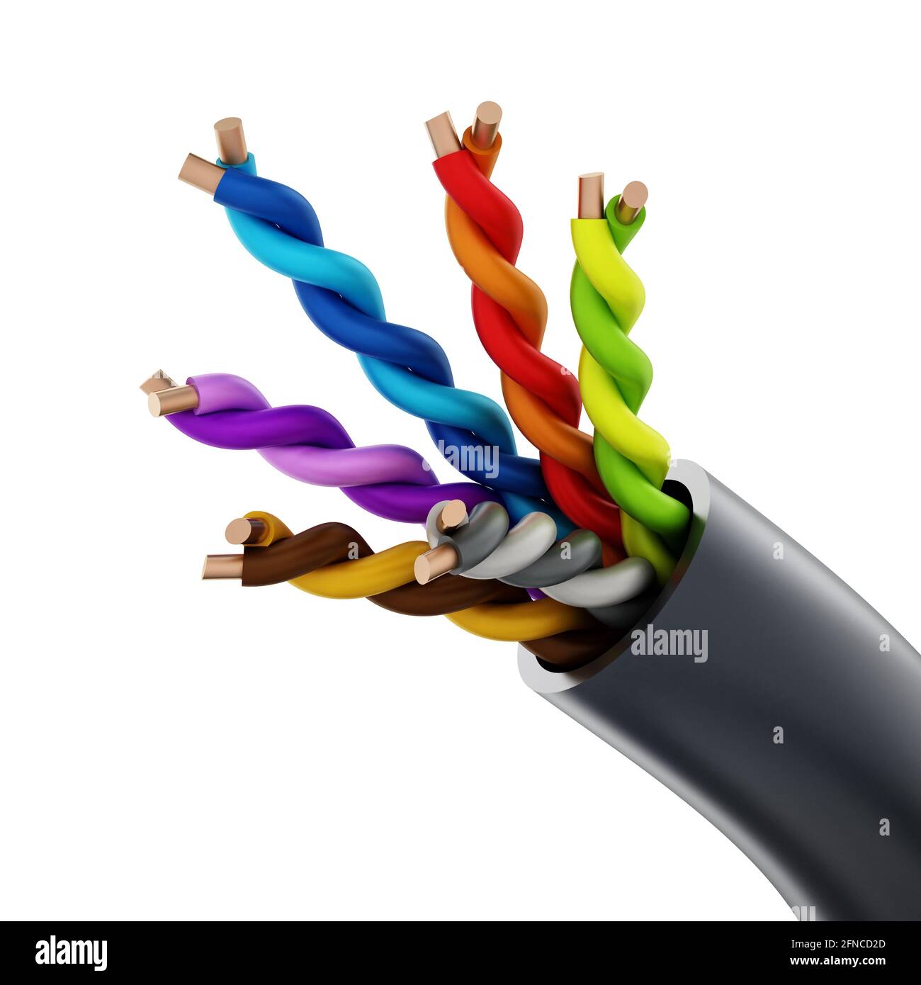 Elektrisches Kabel auf weißem Hintergrund isoliert. 3D-Illustration. Stockfoto