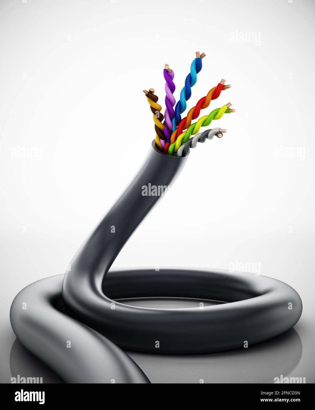 Elektrisches Kabel auf weißem Hintergrund isoliert. 3D-Illustration. Stockfoto