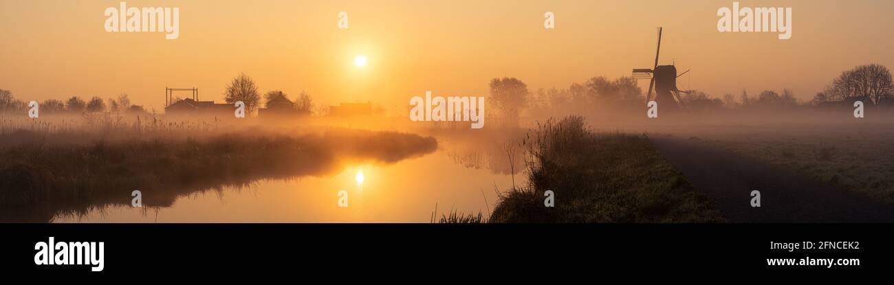 Sonnenaufgang über einer holländischen Landschaft im Nebel mit Windmühle Das 'Westveense Molen' im grünen Herzen Hollands Stockfoto