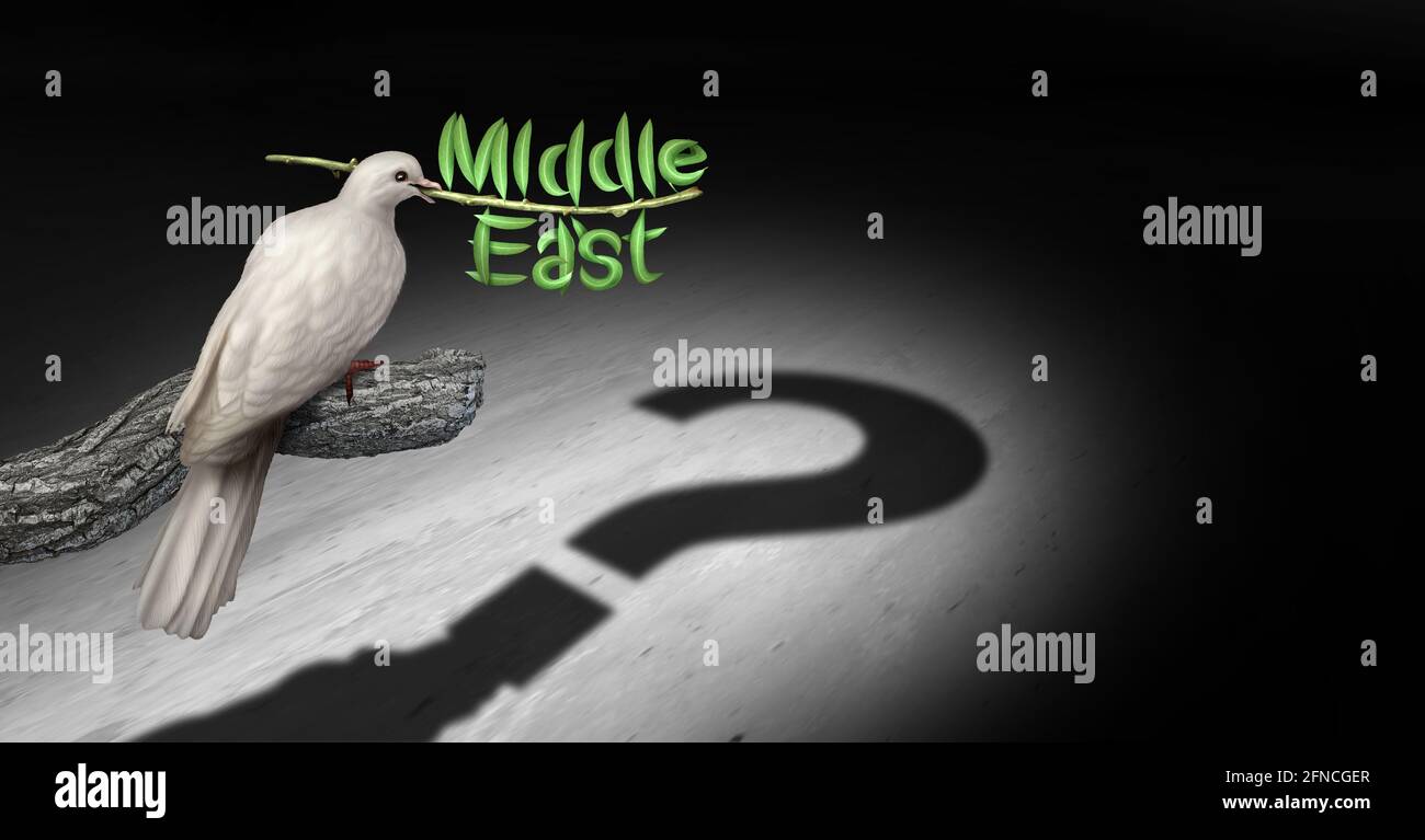 Nahost-Friedensfragen und persische Golf-Diplomatie Unsicherheitskonzept mit einer weißen Taube, die einen Olivenzweig mit einem Schatten sucht hält. Stockfoto