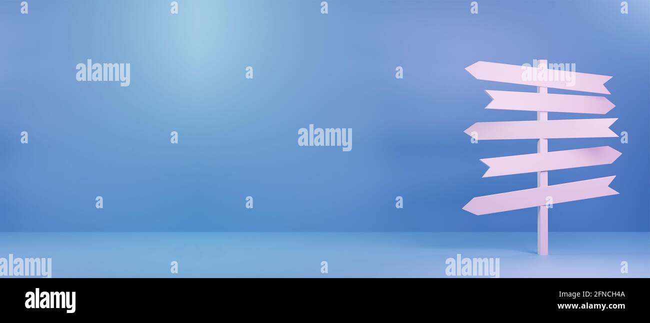 Weißer Wegweiser auf hellblauem Hintergrund. Richtungsschild, 3d-Rendering Stockfoto