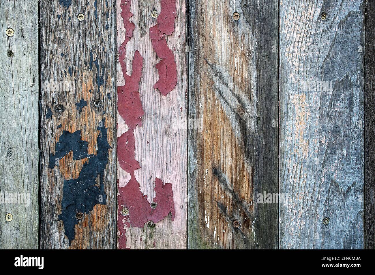Abblätternde Farbe auf altem Holz mit vertikalem Muster Stockfoto