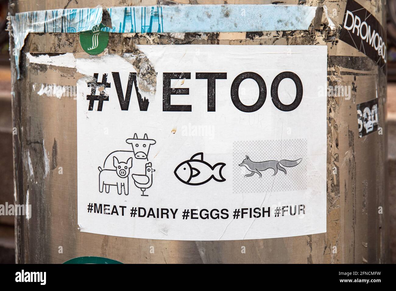 WeToo. Aufkleber zur Bewegung von Tierrechten auf dem öffentlichen Abfalleimer. Stockfoto