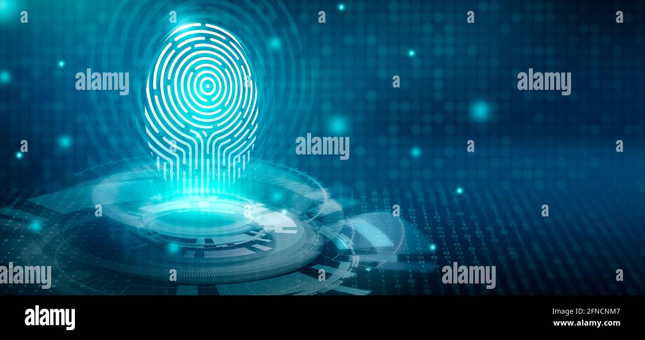 Digitales Signaturfingerdrucksystem und autorisierter Technologieanbieter für Fingerabdruckscans. Biometrischer Zugriff und Fingerabdruck-Verifizierung mit dem Computer. Stockfoto