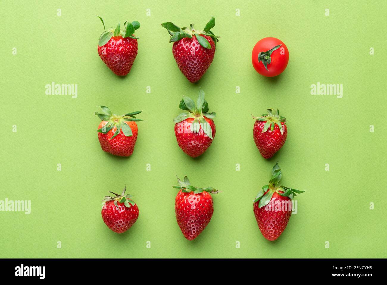 Konzept des AnderSeins. Muster flach Lay Zusammensetzung mit Erdbeeren und Kirschtomate. Sommerfrüchte auf grünem Hintergrund Stockfoto