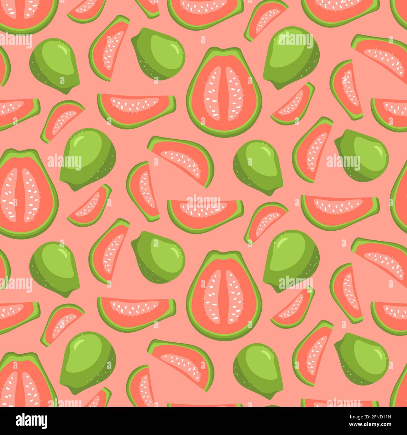 Guava ganz und halb geschnitten nahtloses Muster. Exotische tropische vegetarische Guava-Früchte. Menü, Smoothie Schüssel, Markt, Geschäft, Party Dekoration, Textil, c Stock Vektor