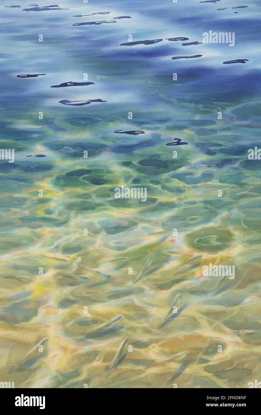 Sonnige Wasser mit transparenten Wellen Aquarell Hintergrund Stockfoto