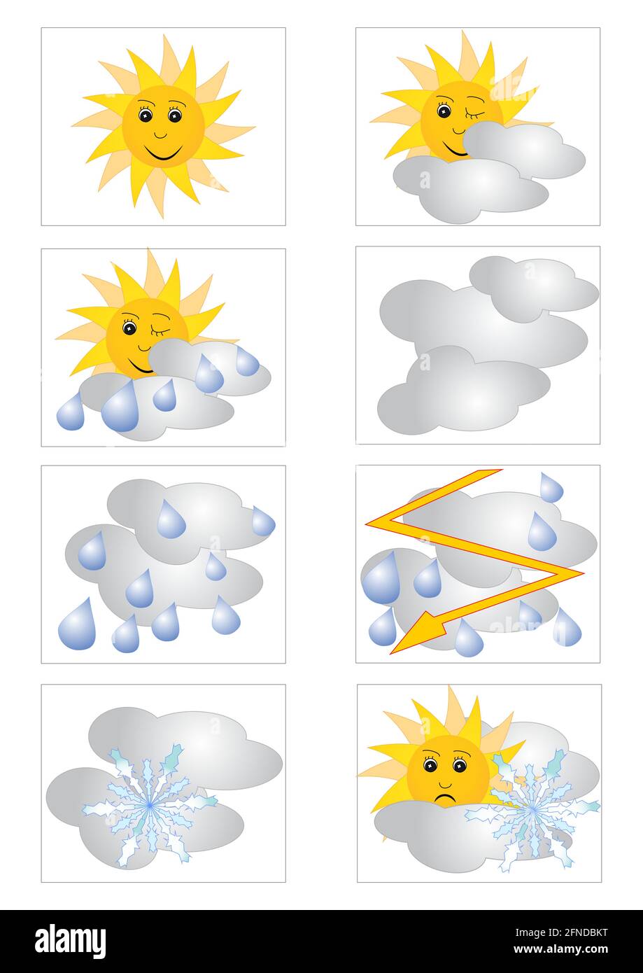 Satz von Symbolen für die Wettervorhersage mit meteorologischen Symbolen Stock Vektor