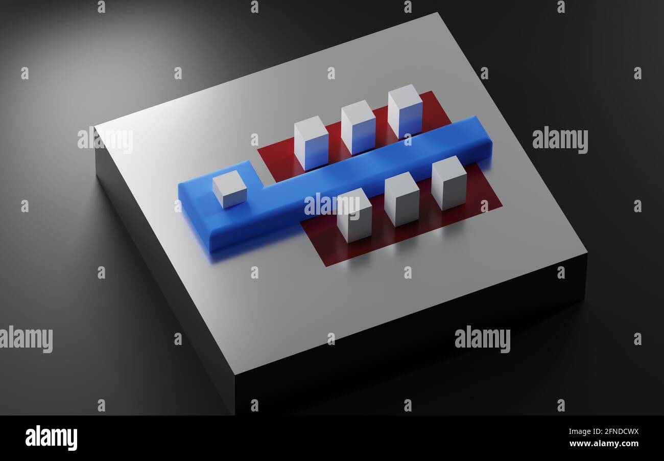 CMOS-Transistor-Struktur. n-Typ-Metall-Oxid-Halbleiter-Feldeffekttransistor simuliert. Grundbaustein eines Mikrochips. 3D-Rendering. Stockfoto