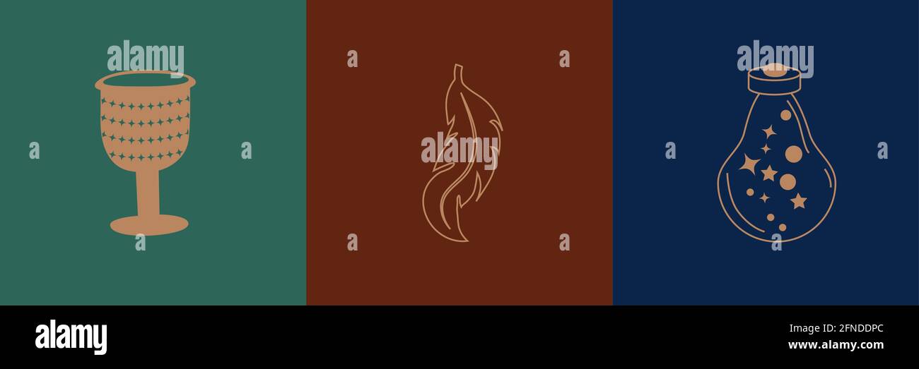 Esoterische Symbole. Schemasymbol für Alchemie oder heilige Geometrie. Mystisches und magisches Design mit Kristallen, Sonne, Sternen, Totenkopf und Mond. Feder, Runen, p Stock Vektor