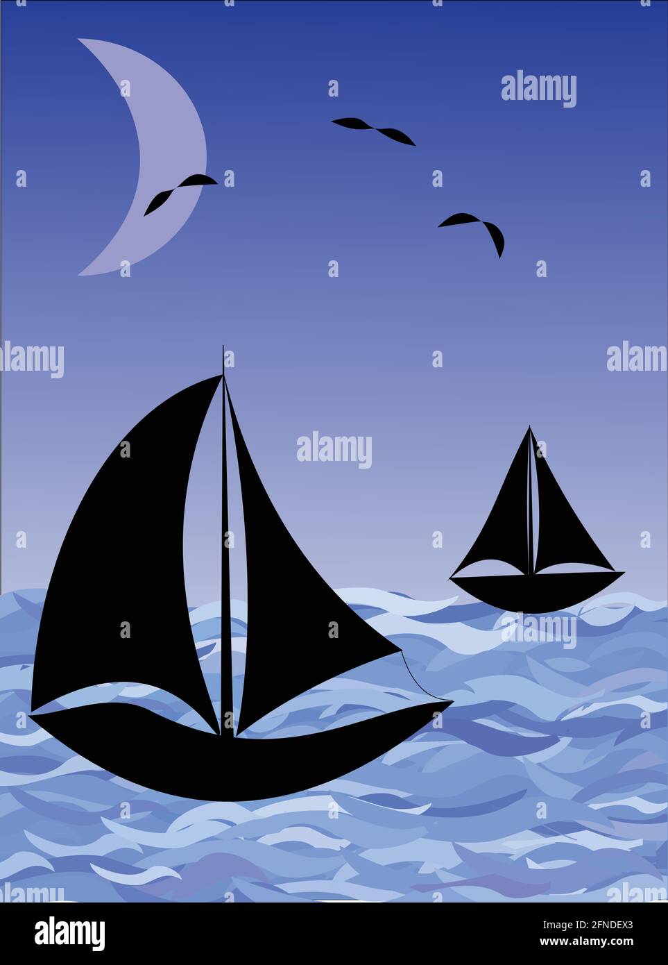 Fantasy-Bild Nacht Meer mit Fischerbooten und Mond Stock Vektor