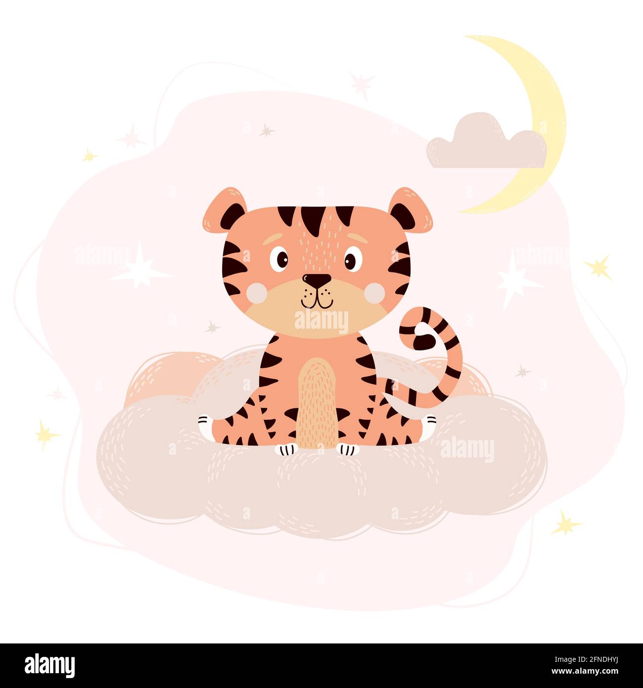 Das niedliche Tiger-Junge sitzt auf einer sanften rosa Wolke vor dem Hintergrund des Sternenhimmels mit dem Mond. Vektorgrafik. Animal for Kids Kollektion, desi Stock Vektor