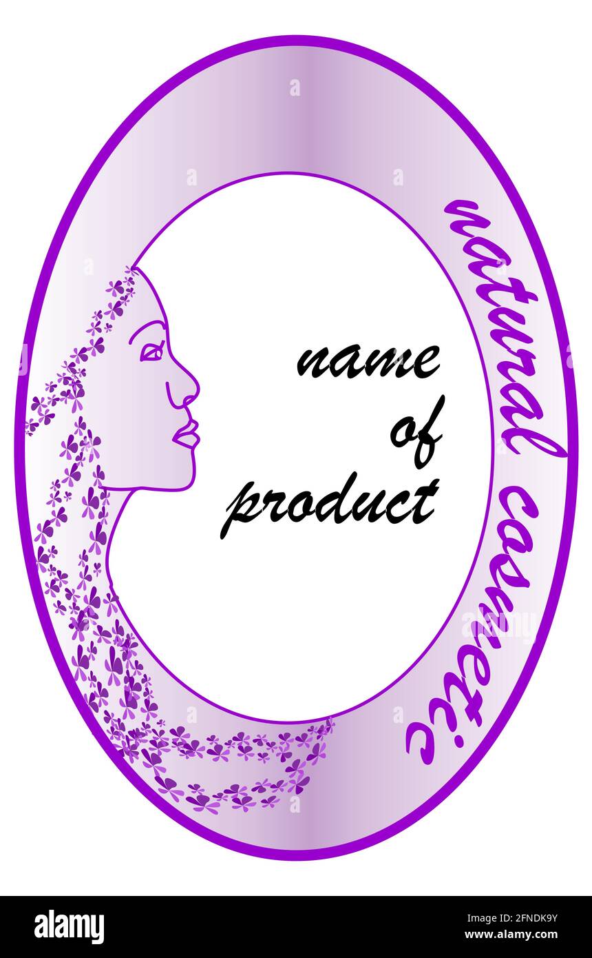 Violettes Etikett mit einem weiblichen Seitengesicht für natürliche Kosmetik Stock Vektor