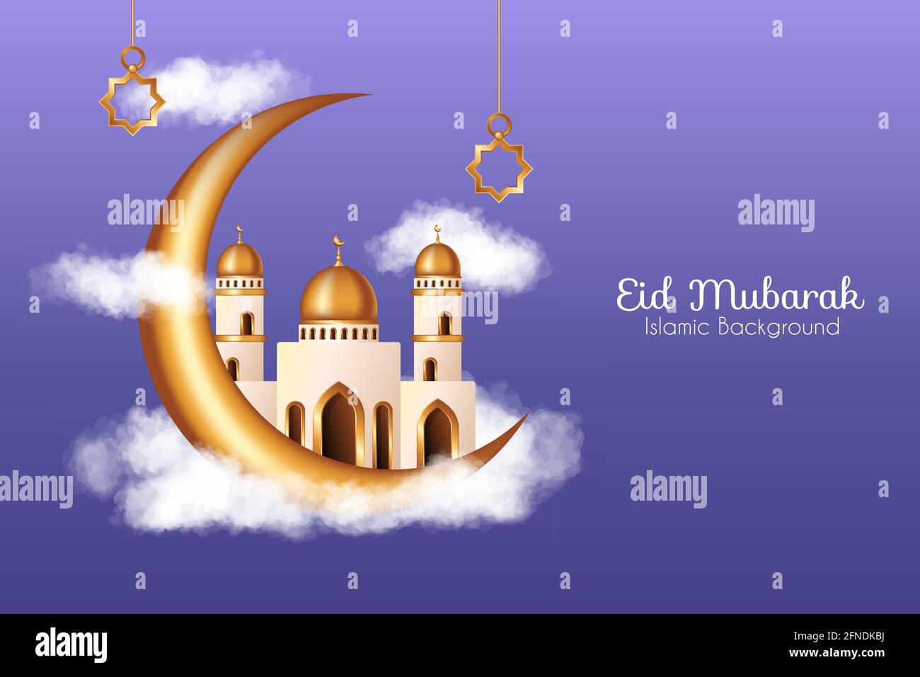 Islamischer Hintergrund mit realistischen Wolken, goldenen 3D-Moschee und Halbmond Dekorationen. Islamischer Hintergrund geeignet für Ramadan, Eid al Adha Stock Vektor